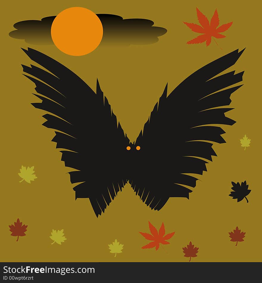 Spooky black bat with moon and autumn leaves. Spooky black bat with moon and autumn leaves