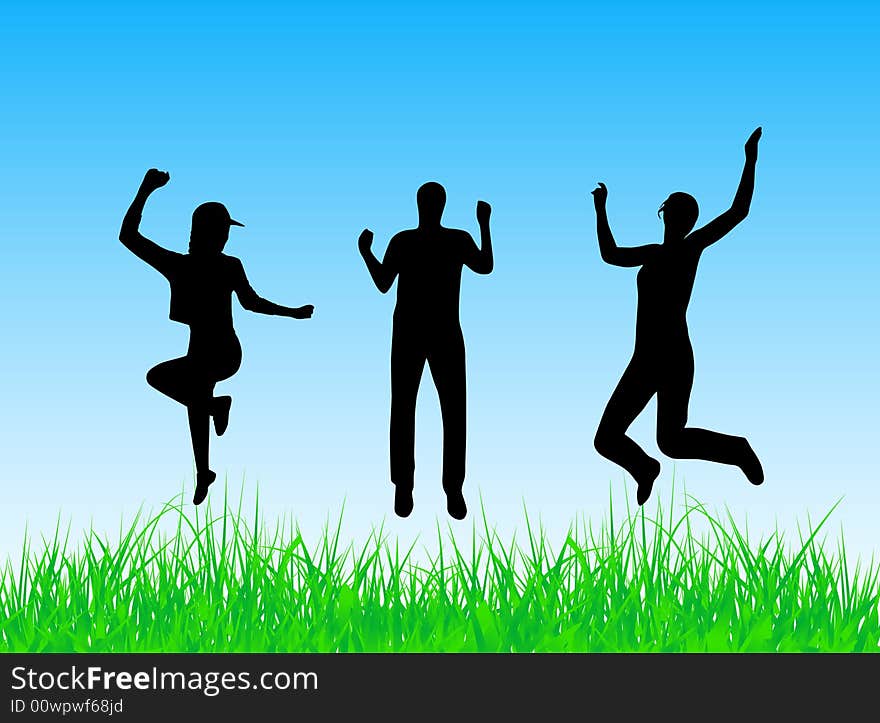 Illustration of jumping people on the grass. Illustration of jumping people on the grass