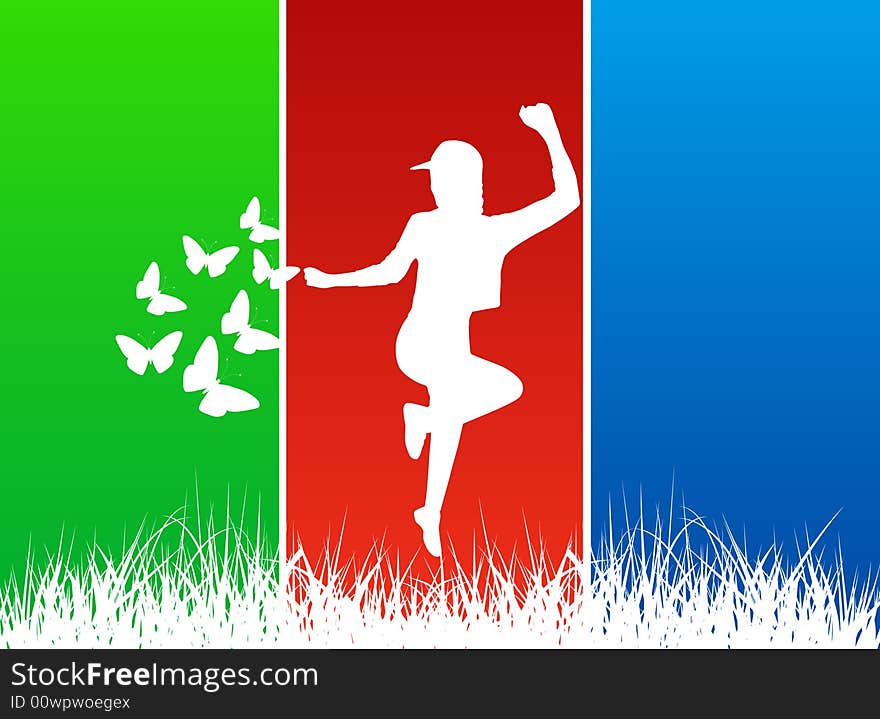 Illustration of joy, girl, grass, butterfly