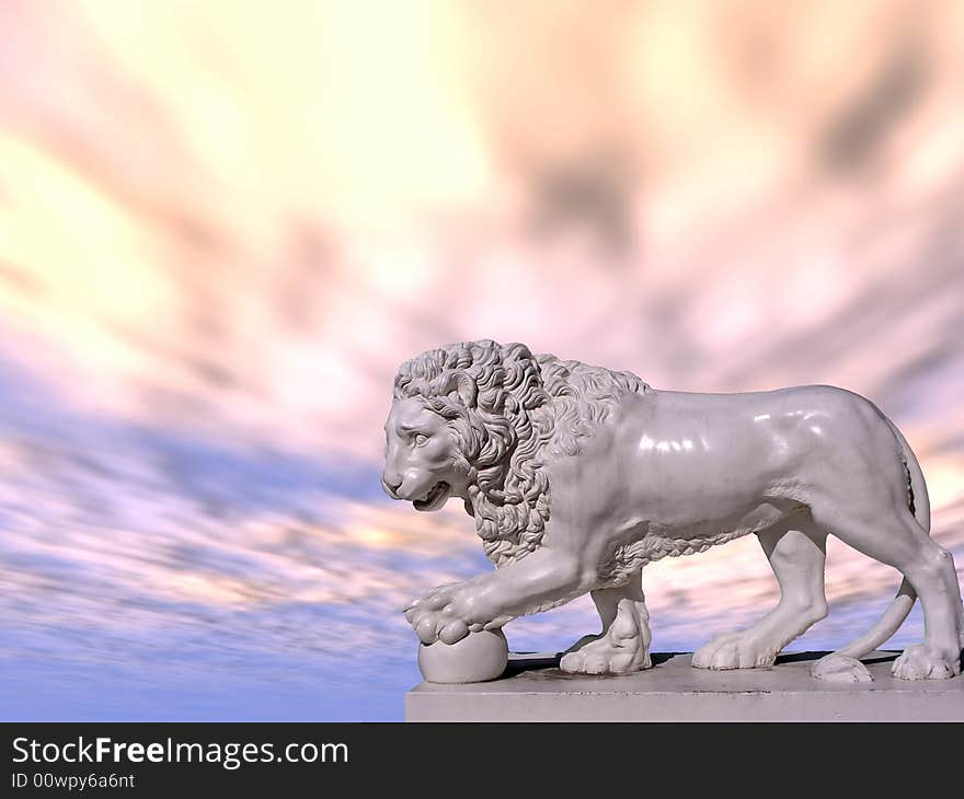 Sculpture of a white lion on a background of the pink sky