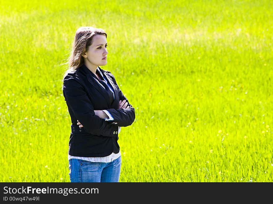 Businesswoman on spring green background. Businesswoman on spring green background