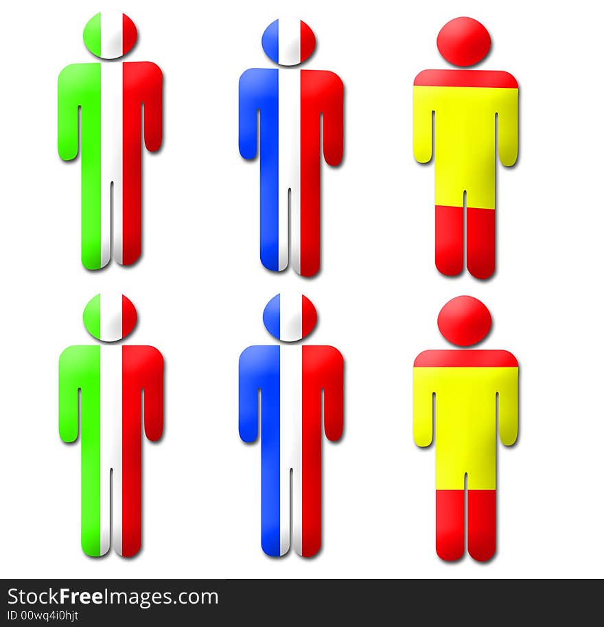 Six men representing three nations. Italy, France and Spain. Three of them are distorted. Six men representing three nations. Italy, France and Spain. Three of them are distorted.