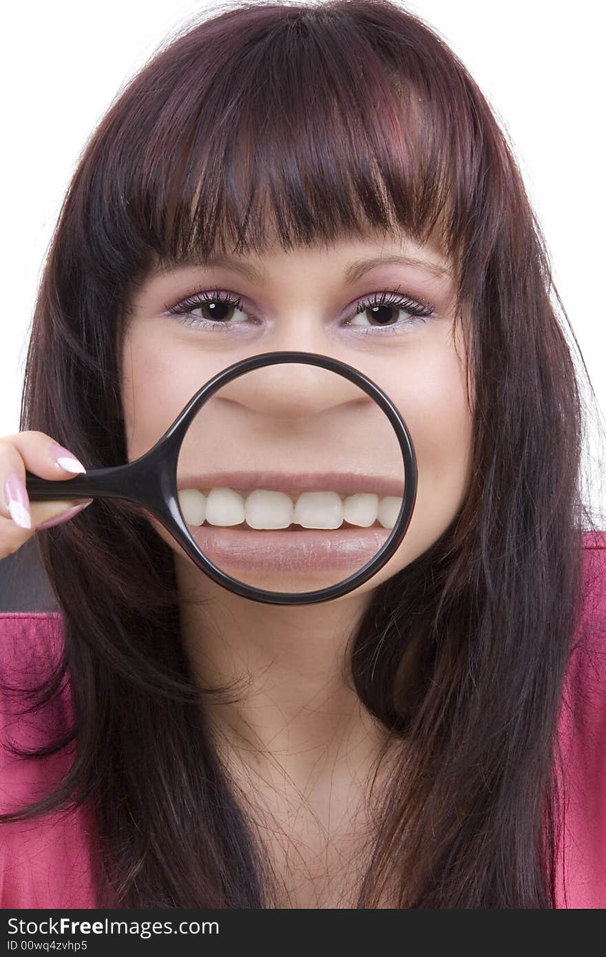 Woman with magnifying glass against a white background