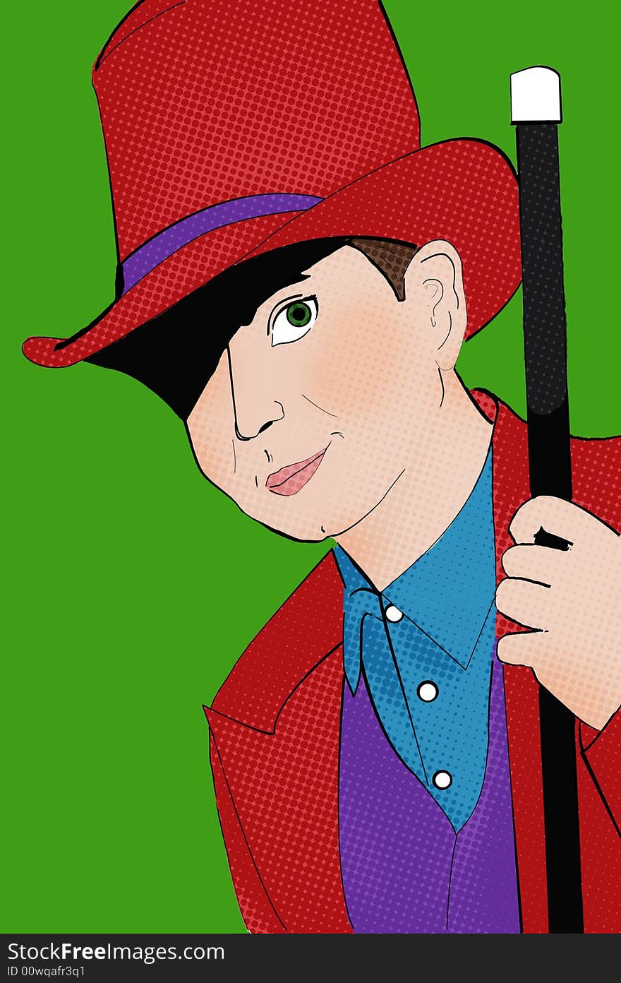 Illustration of a pop art guy in a tophat with a cane.