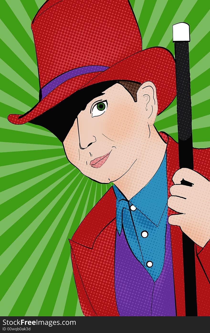 Illustration of a pop art guy in a tophat with a cane.