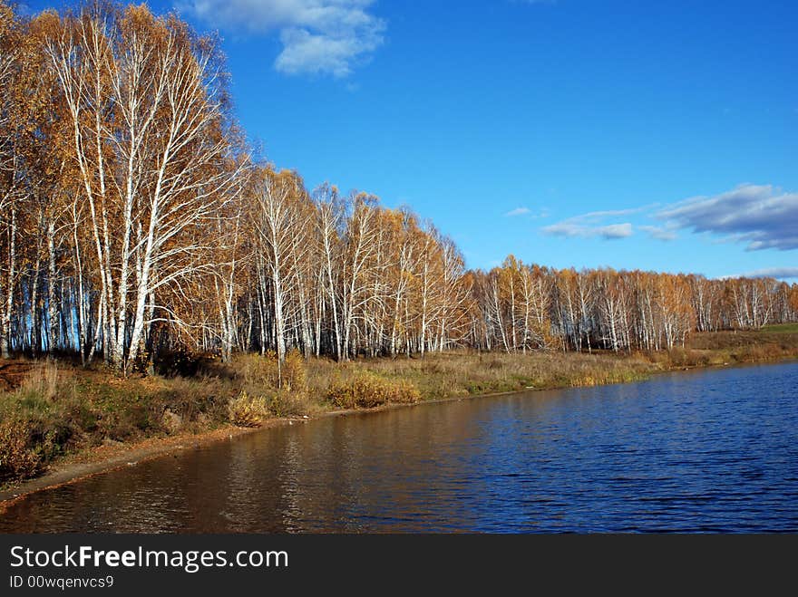 Small lake, autumn wood, clouds. Small lake, autumn wood, clouds