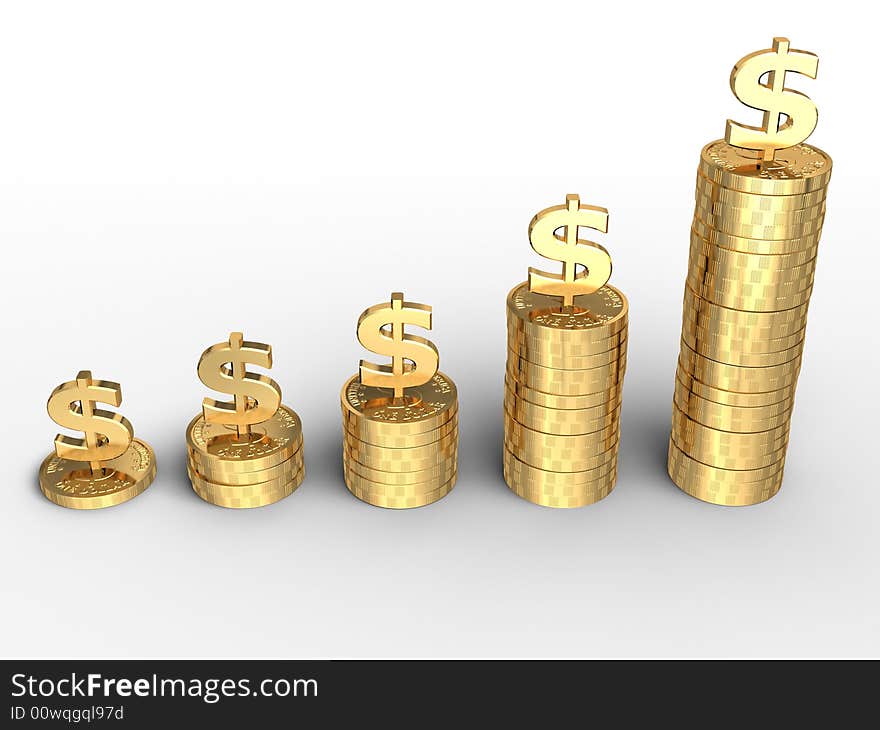 Isolated 3d render of money stacks on white background. Isolated 3d render of money stacks on white background