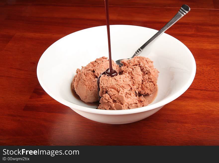 Bowl of chocolate ice cream with chocolate sauce