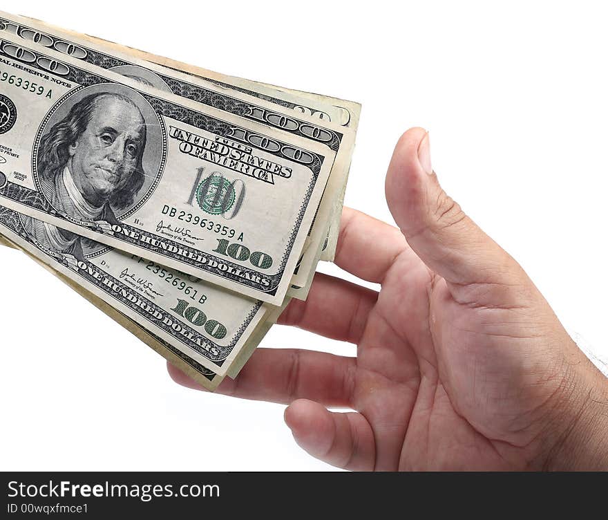 A hand asking for the $100 dollar bills. A hand asking for the $100 dollar bills