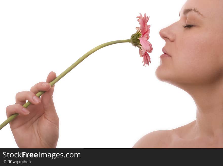 Beautiful young woman with flower isolated on white background. Beautiful young woman with flower isolated on white background.