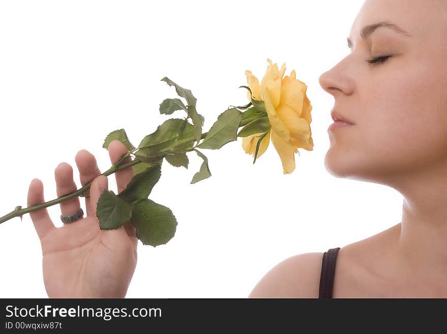 Beautiful young woman with rose isolated on white background. Beautiful young woman with rose isolated on white background.