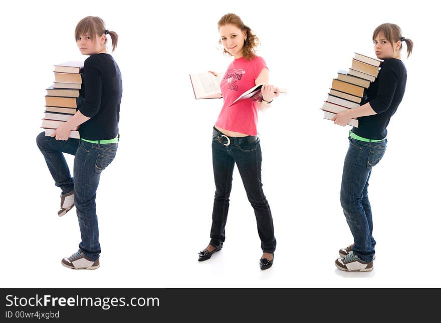 The three young student with a books isolated on a white background