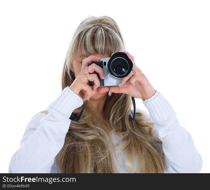 Woman with camera on white background