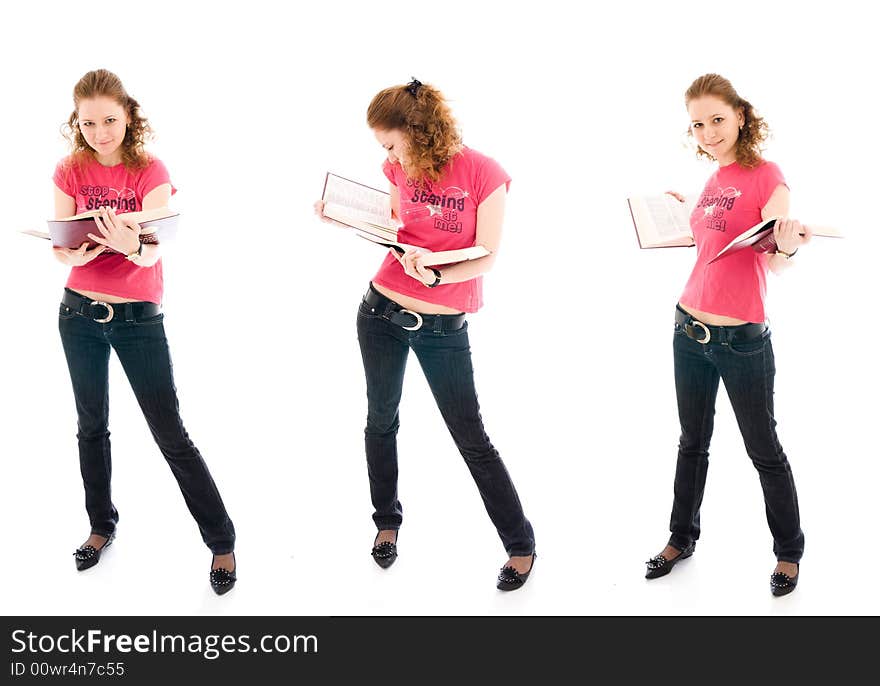 The three young student with a books isolated on a white background