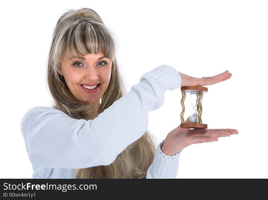 Woman and  hourglass on white