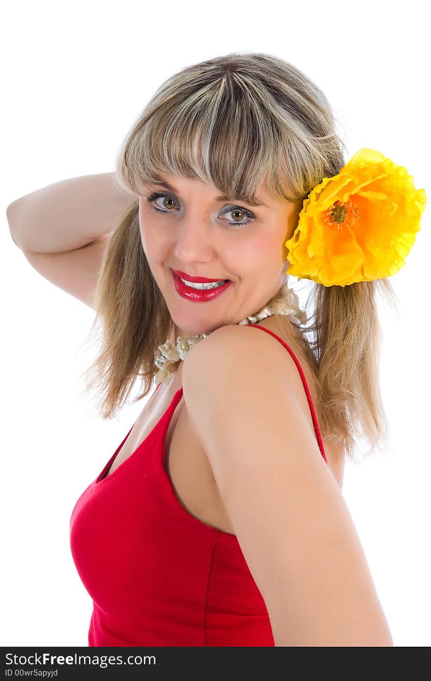 Girl with flower on white background