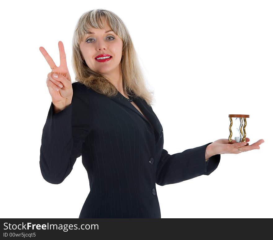 Woman and  hourglass on white