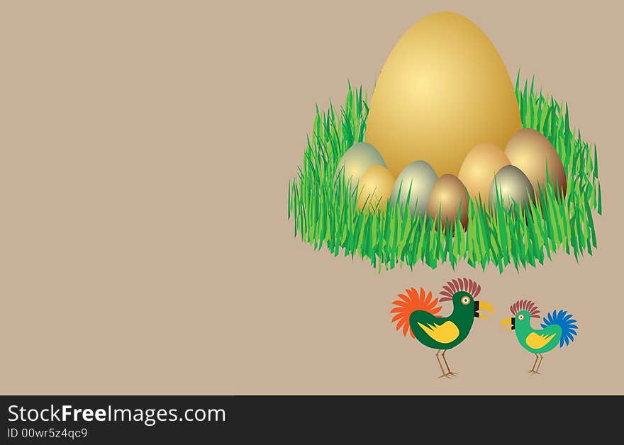 Colored illustration with golden egg, grass and colored birds