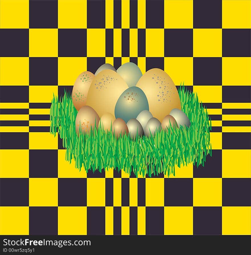 Abstract colored illustration with colored eggs on fresh grass. Abstract colored illustration with colored eggs on fresh grass