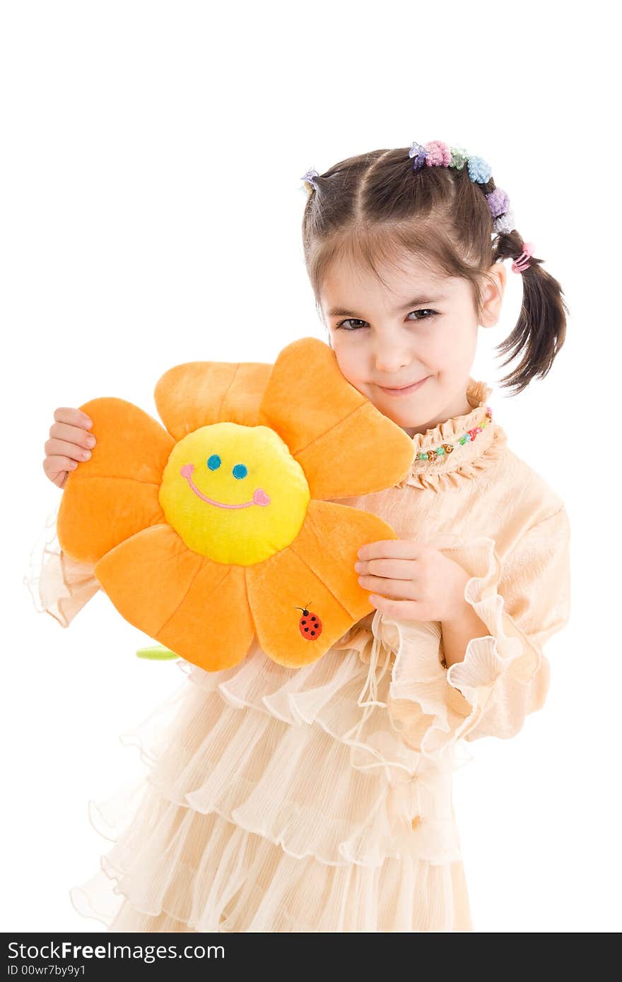 The young girl with flower isolated on a white