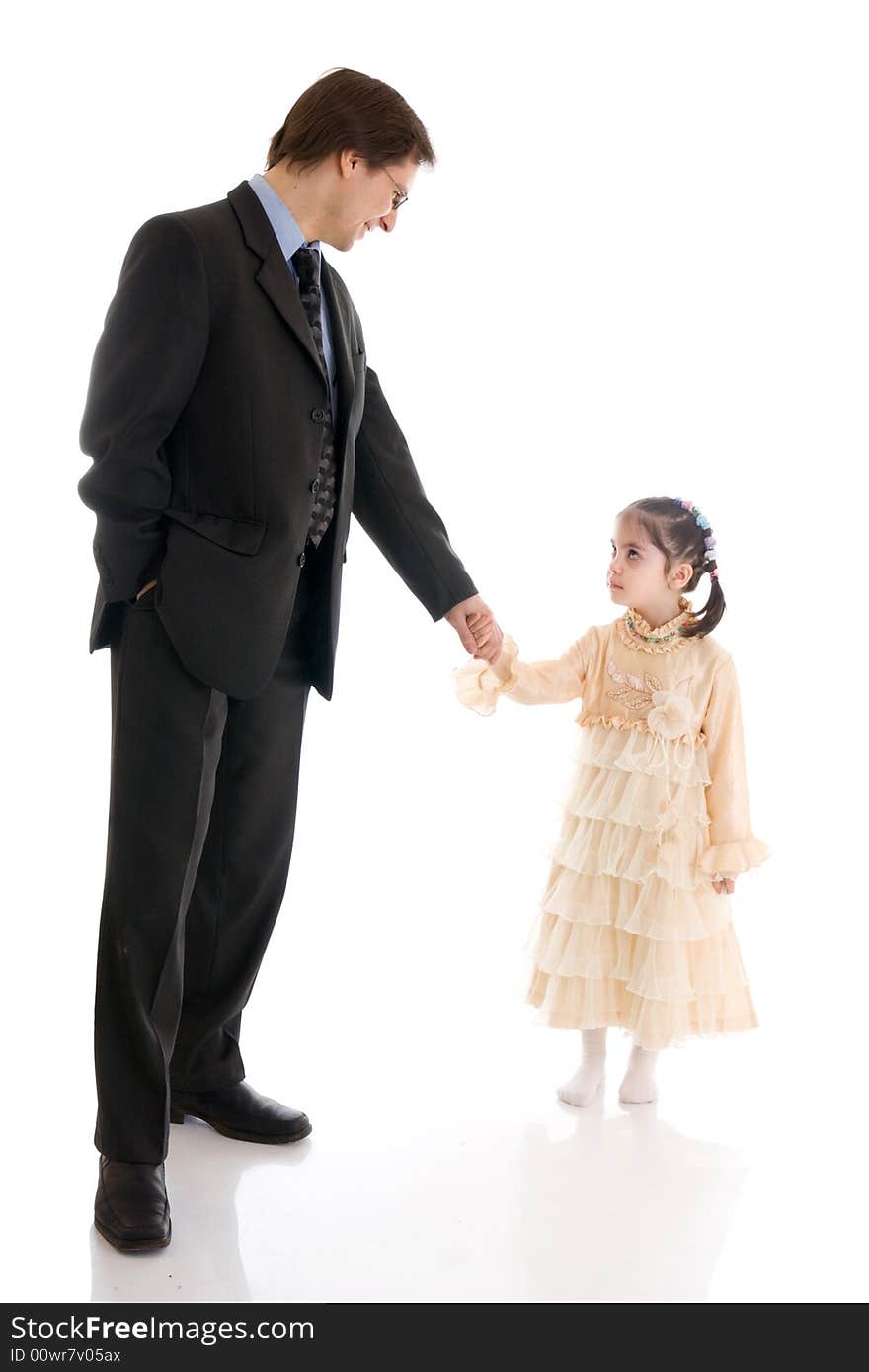 The young father with the daughter isolated on a white background