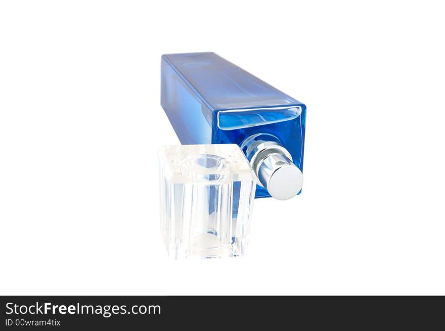 Perfume in deep blue scent-bottle on isolated background. Perfume in deep blue scent-bottle on isolated background.