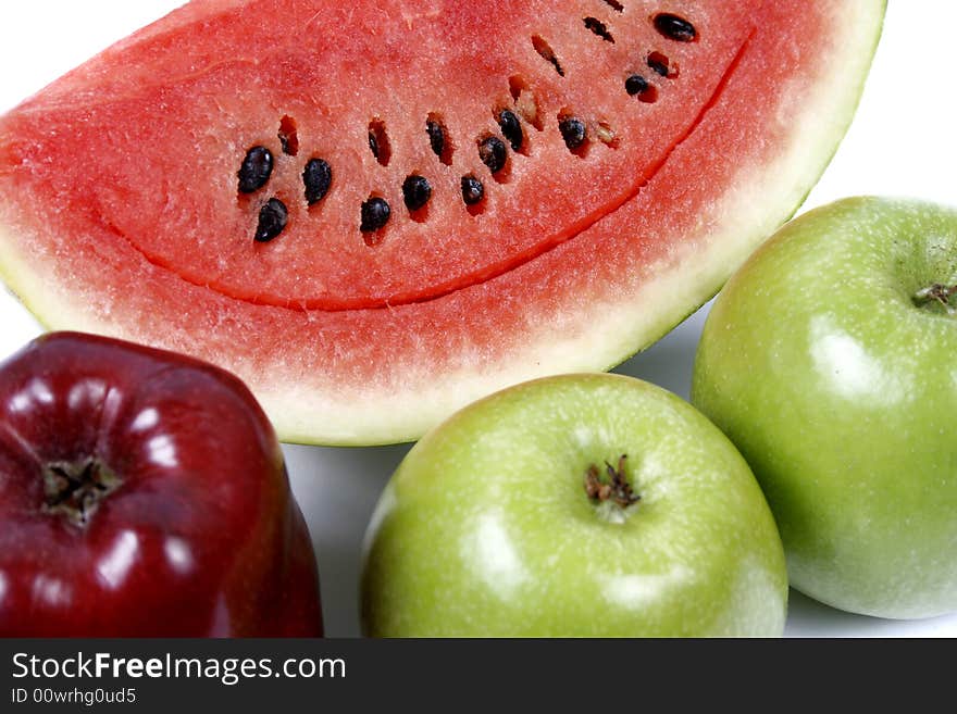 Three Apples and Juicy Watermelon Close-Up. Three Apples and Juicy Watermelon Close-Up