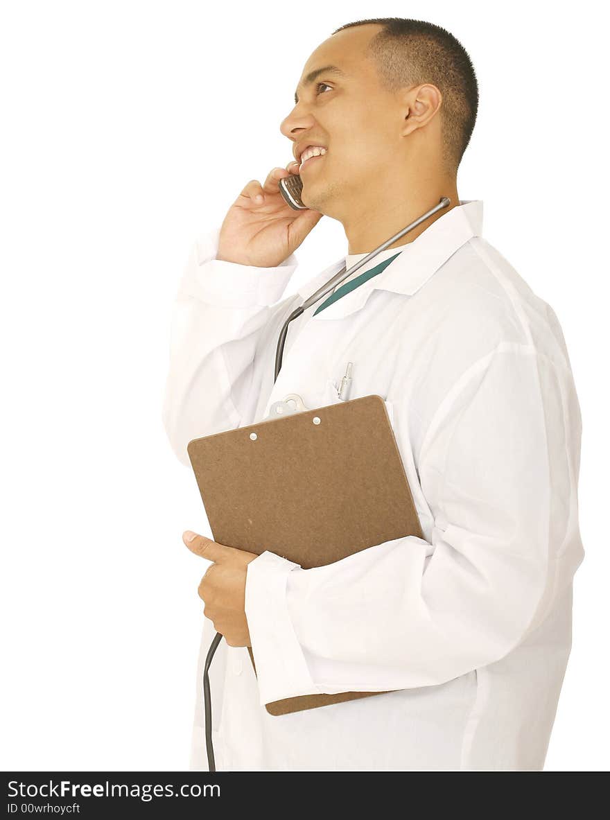 Isolated man doctor on the phone holding clip board. Isolated man doctor on the phone holding clip board