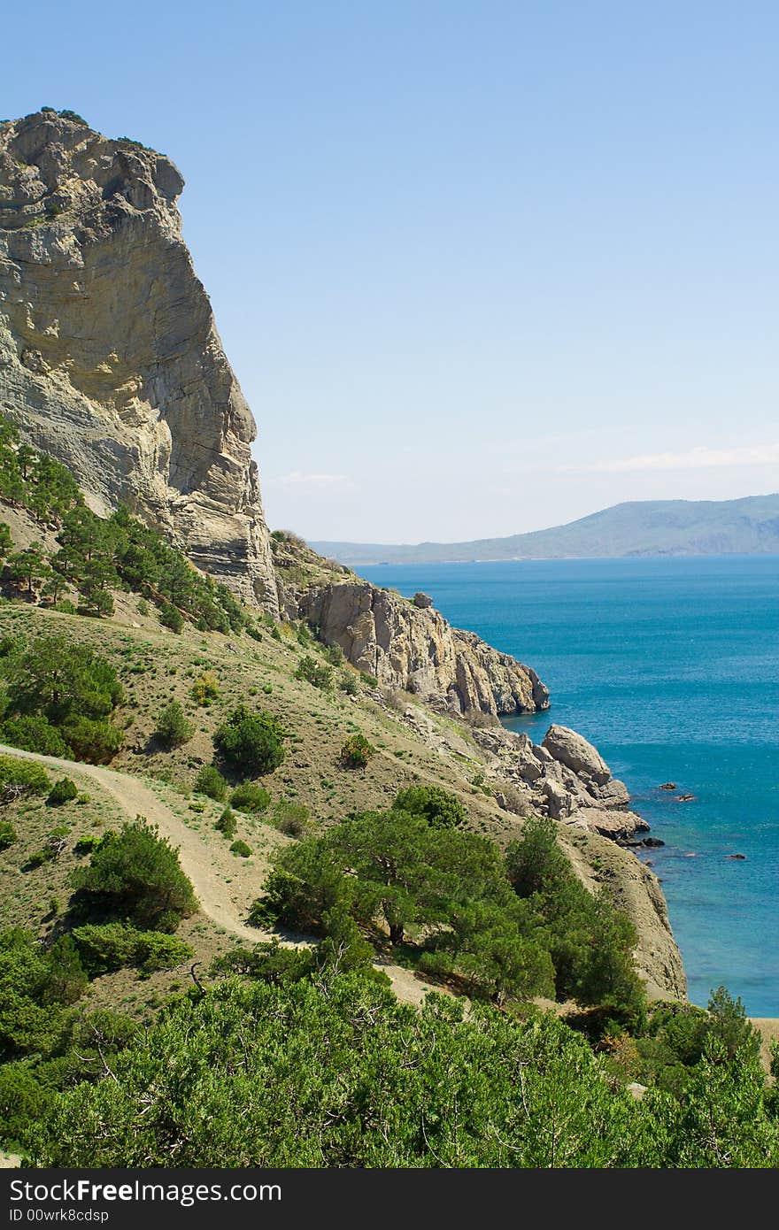 Blue sea and green rocky mountains, shot in Crimea