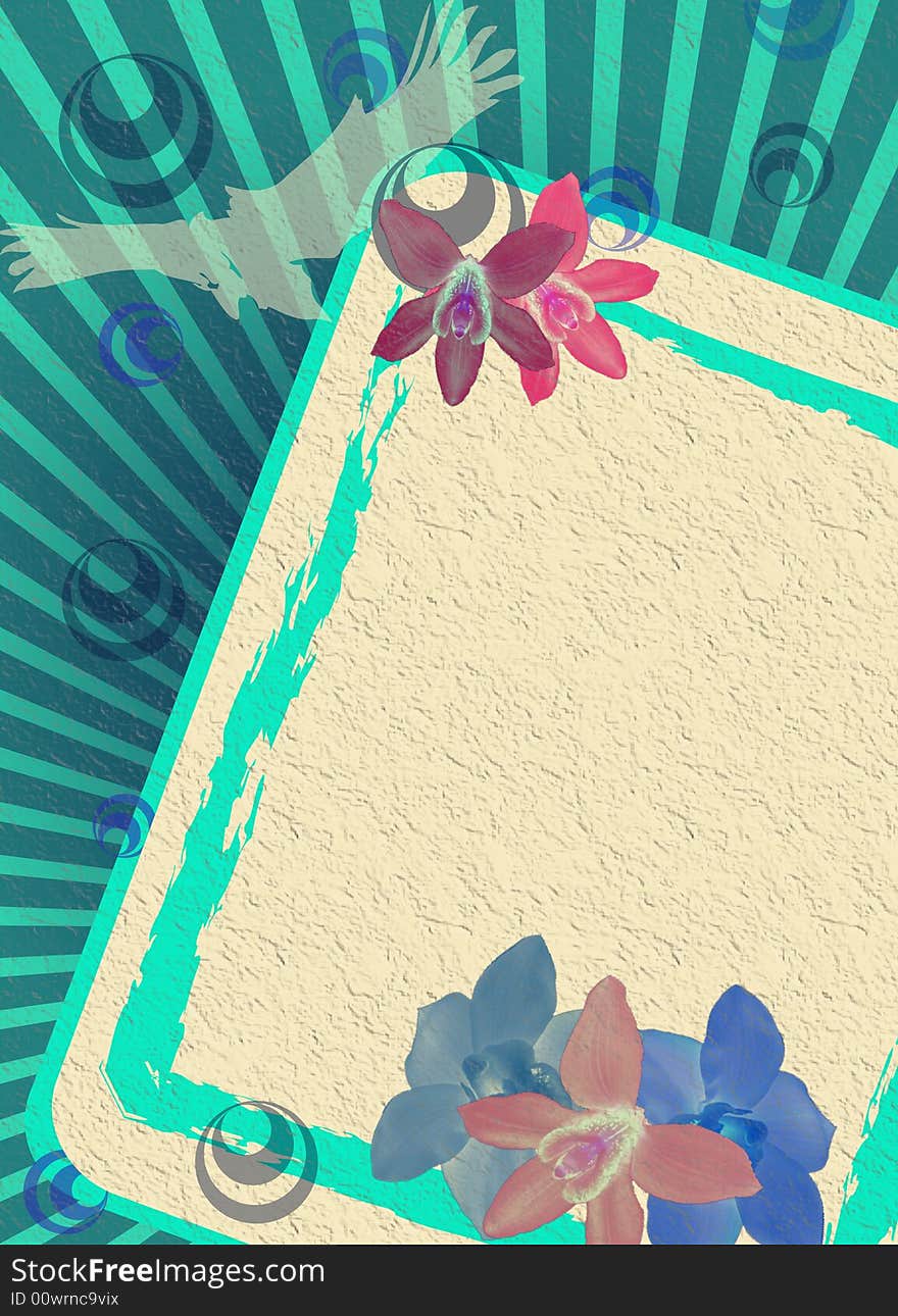 Abstract frame with flying bird shape and colored orchids. Abstract frame with flying bird shape and colored orchids