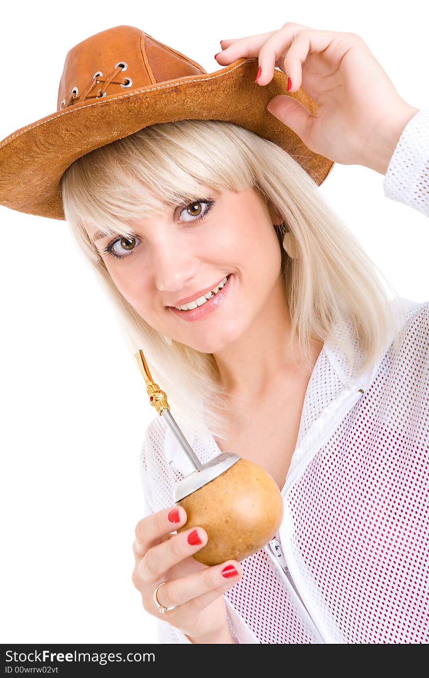 Smiling girl in cowboy hat with mate. Smiling girl in cowboy hat with mate