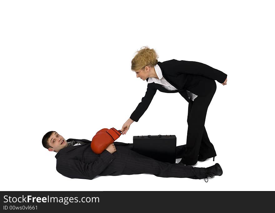 Businesswoman and businessman boxes around the suitcase. Businesswoman and businessman boxes around the suitcase.