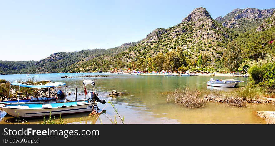 Panoramic mountain view  of Blue lagoon with boats (Turkey). Panoramic mountain view  of Blue lagoon with boats (Turkey)