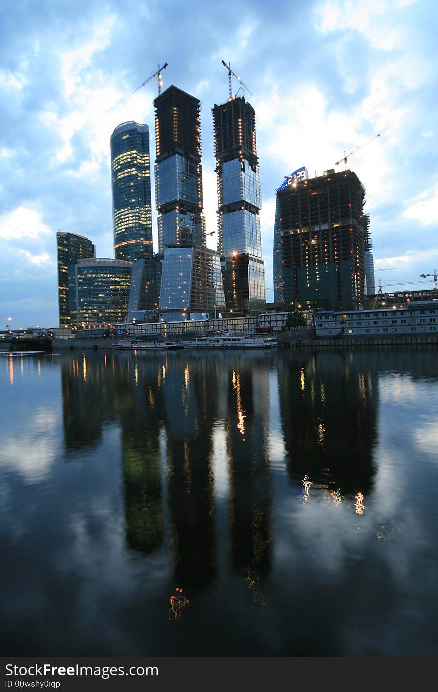 Evening view: Construction of modern buildings “Moscow-city” in Moscow (Russia)