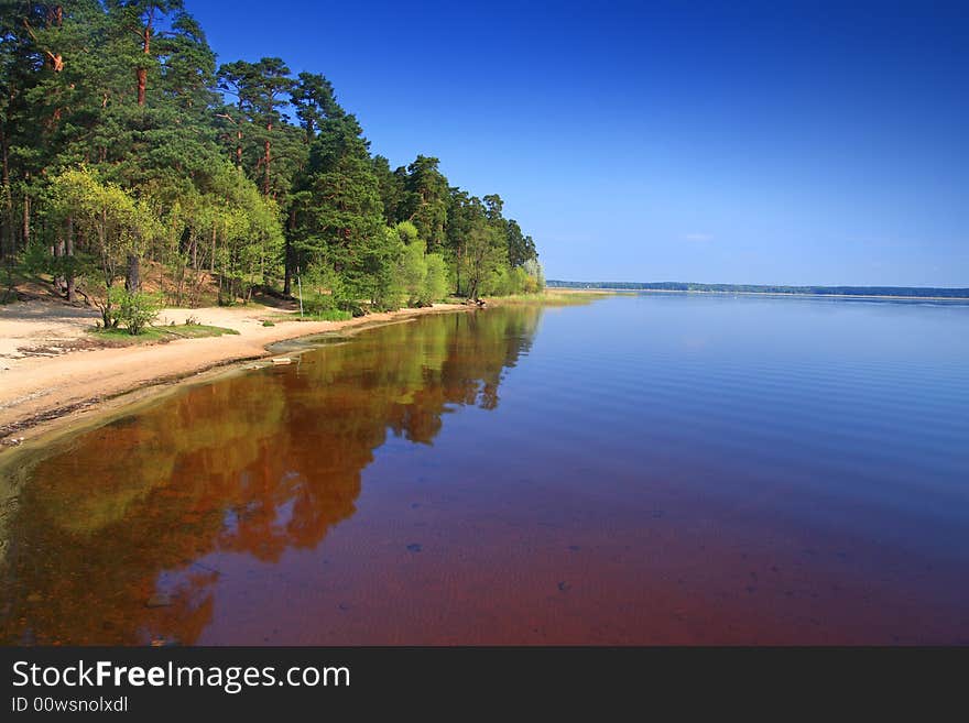 Classic summer lake shore landscape