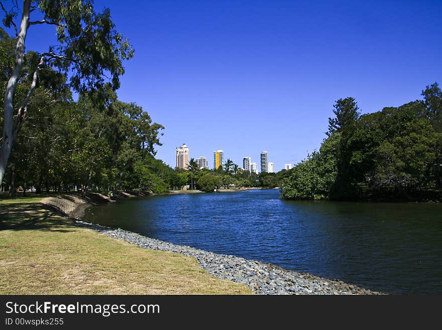 Landscape Surfers Paradise Queensland Australia. Blue river with city in background