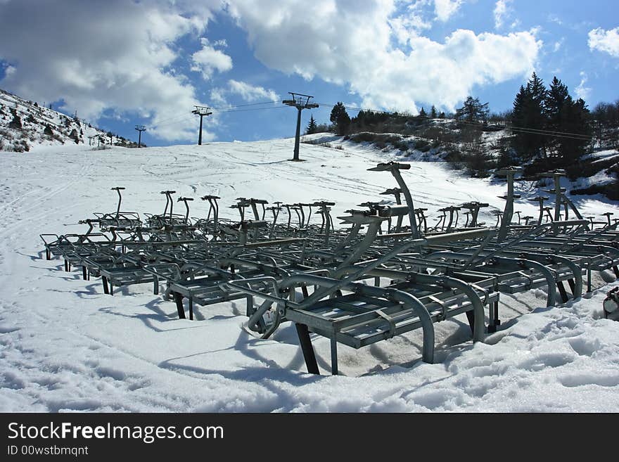 Ski season is finished, ski elevators are arrested and taken to pieces. Ski season is finished, ski elevators are arrested and taken to pieces