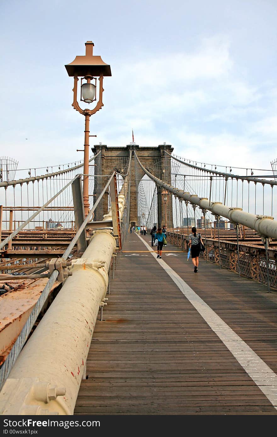 The famous Brooklyn Bridge on the East River in lower Manhattan