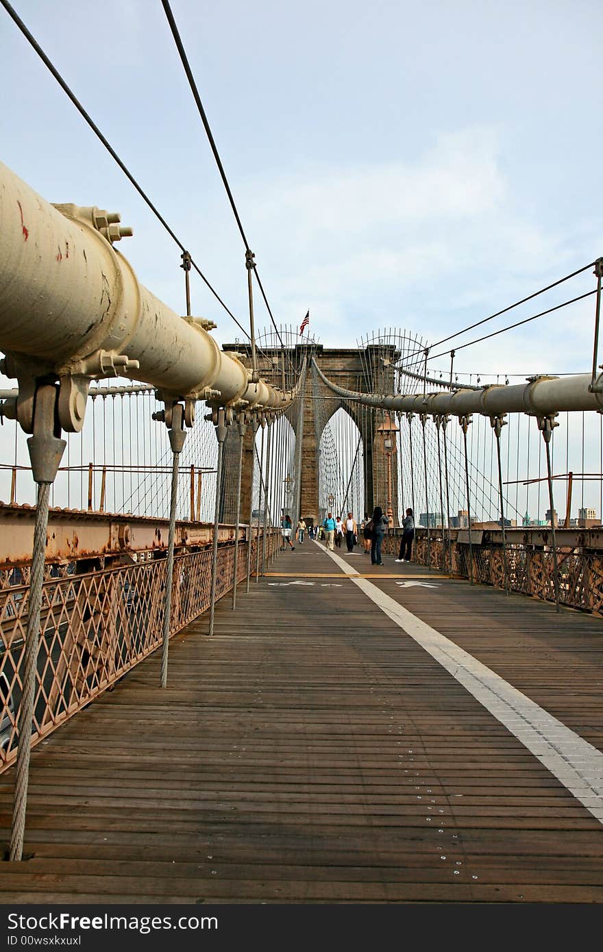 The famous Brooklyn Bridge on the East River in lower Manhattan