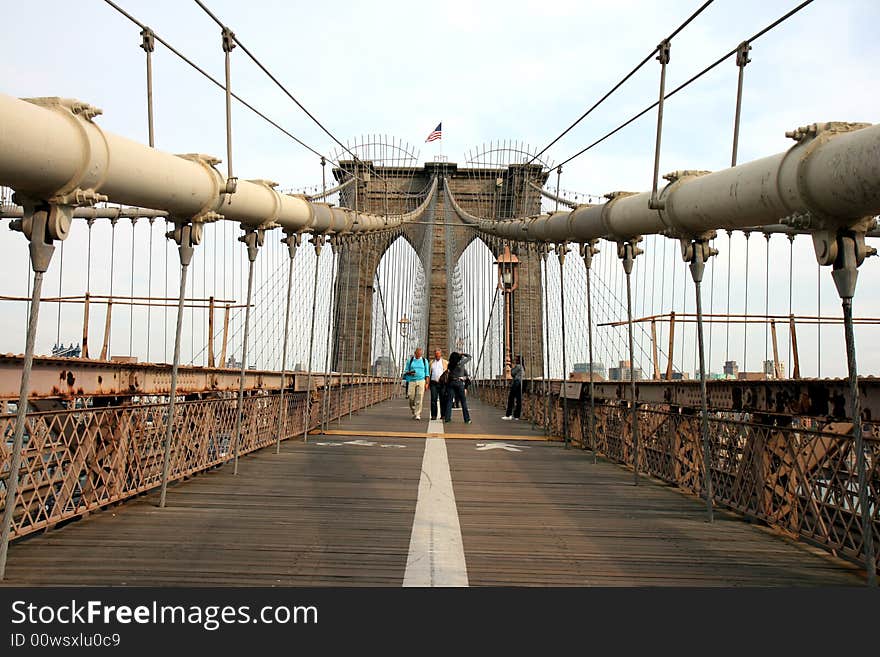 The famous Brooklyn Bridge on the East River in lower Manhattan