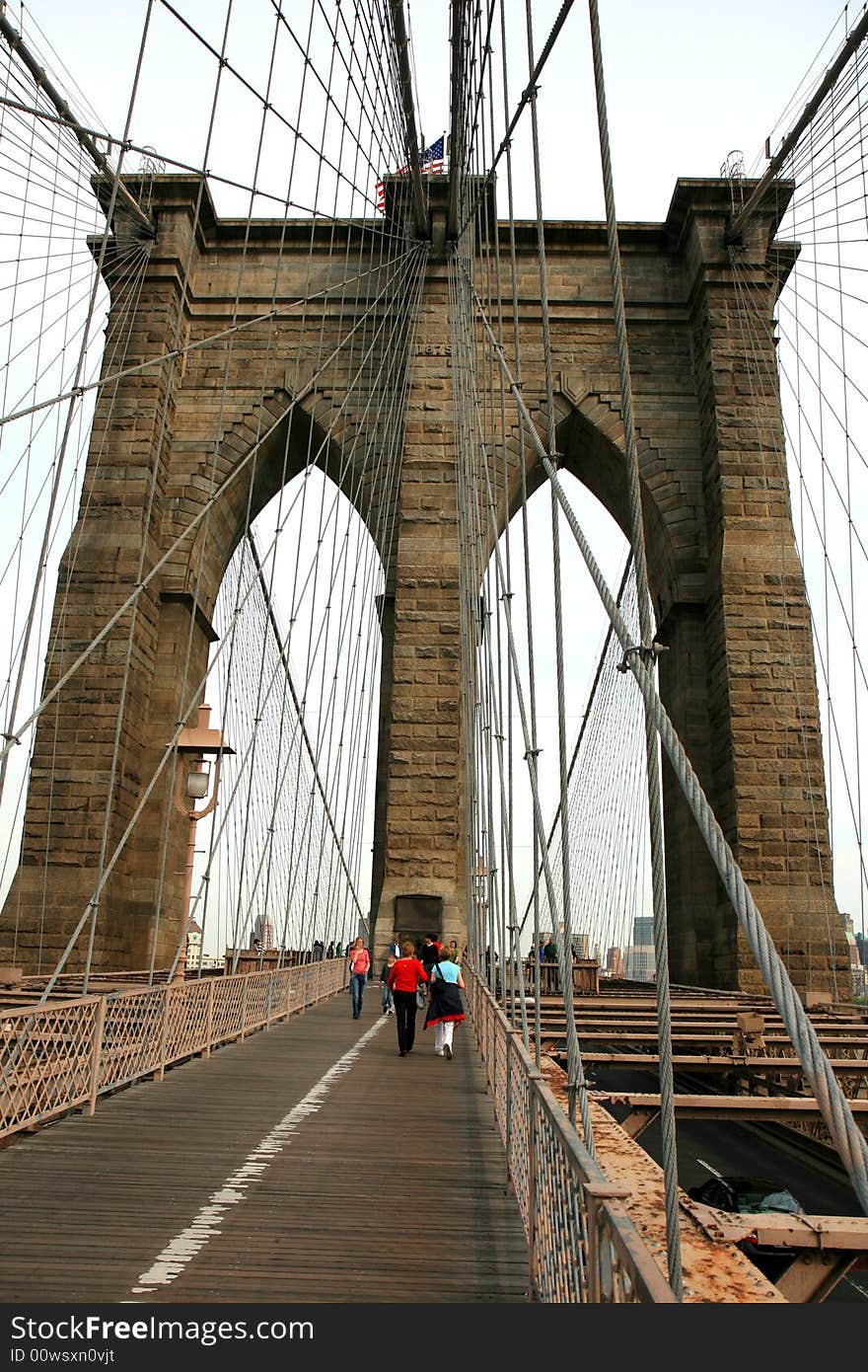 The famous Brooklyn Bridge on the East River in lower Manhattan