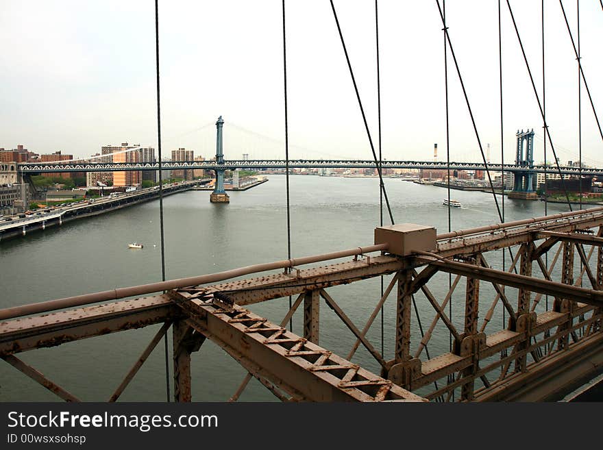 The famous Brooklyn Bridge on the East River in lower Manhattan