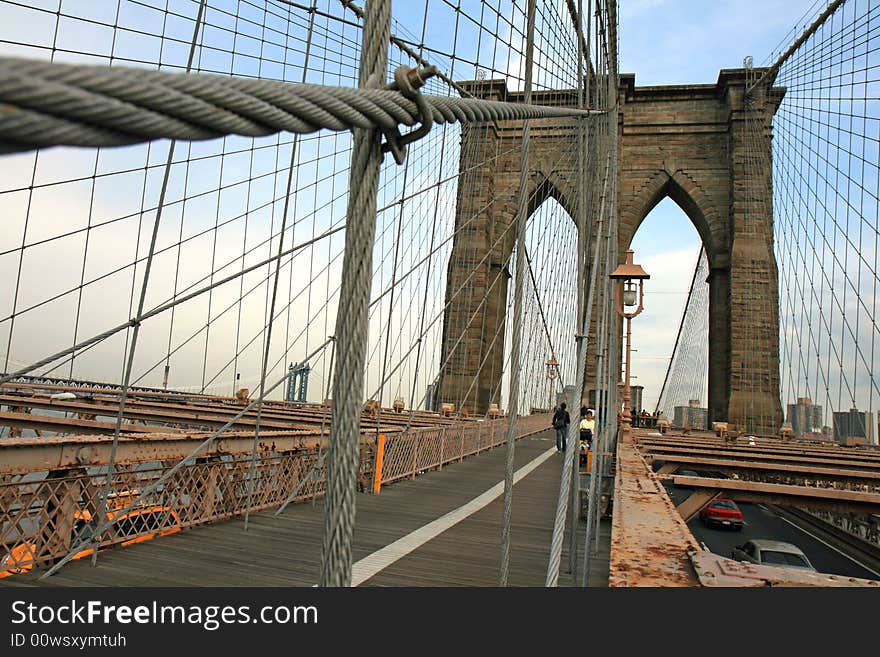 The famous Brooklyn Bridge in lower Manhattan NYC