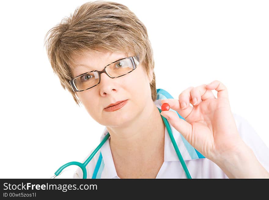 Woman dressed as doctor with remedy. Woman dressed as doctor with remedy