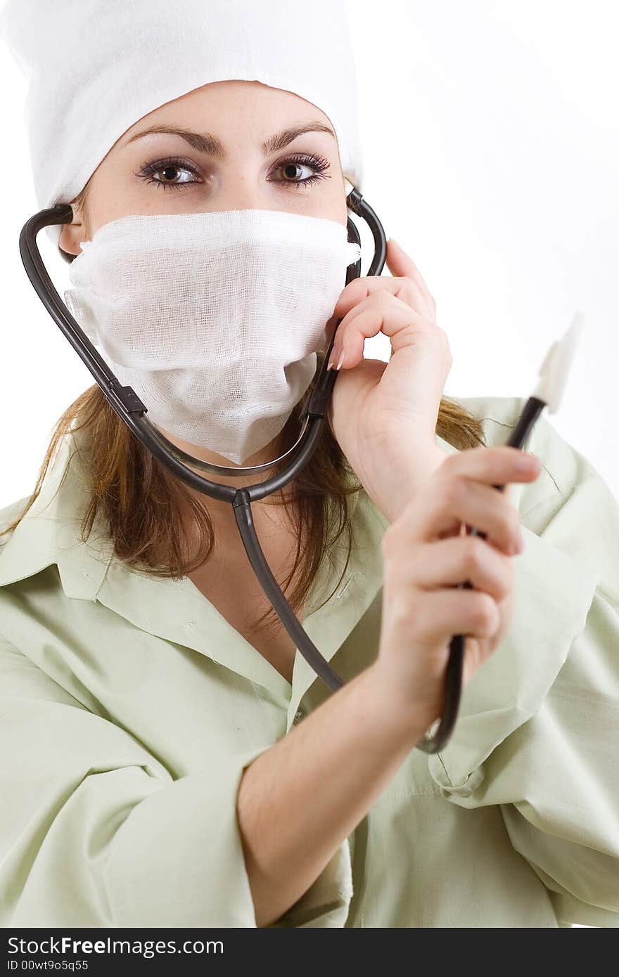 An image of a woman in mask with stethoscope