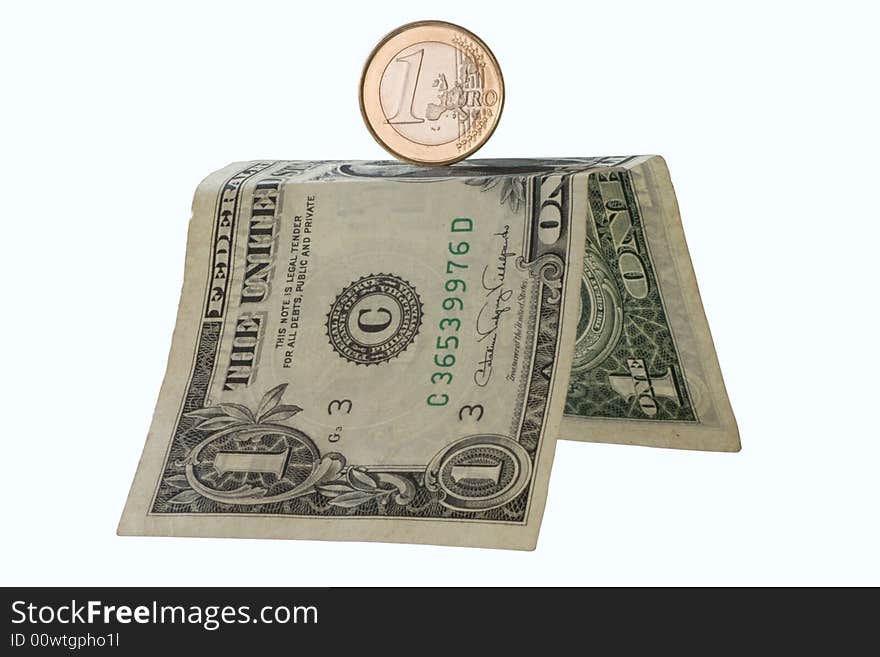 One Euro Coin On One Dollar Pedestal Isolated On W