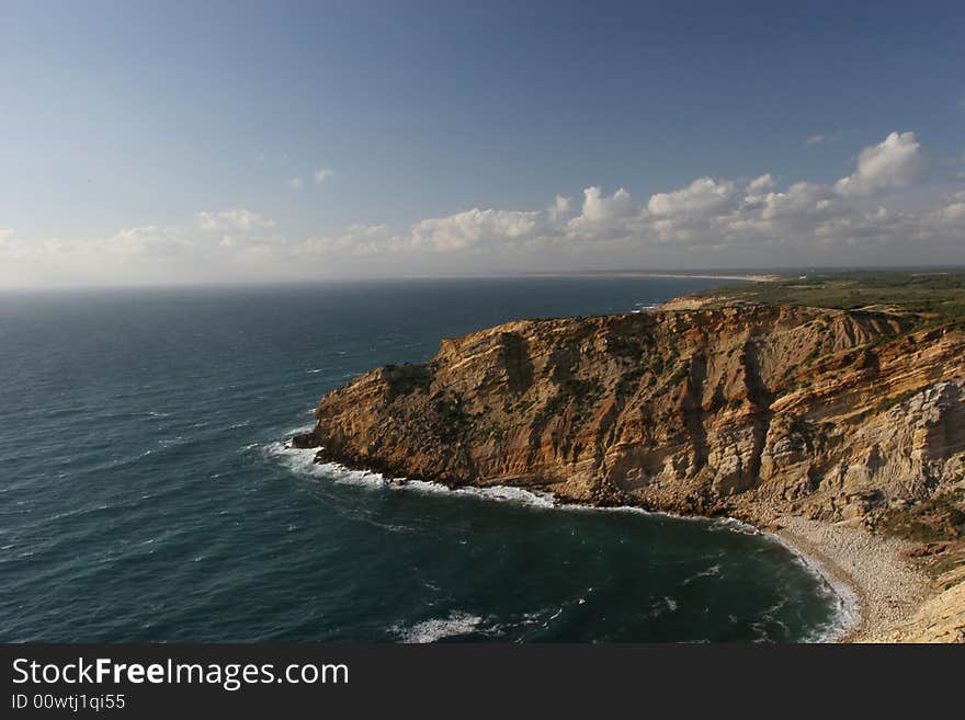 Portuguese coastline at sunset with cliff in 1st plan