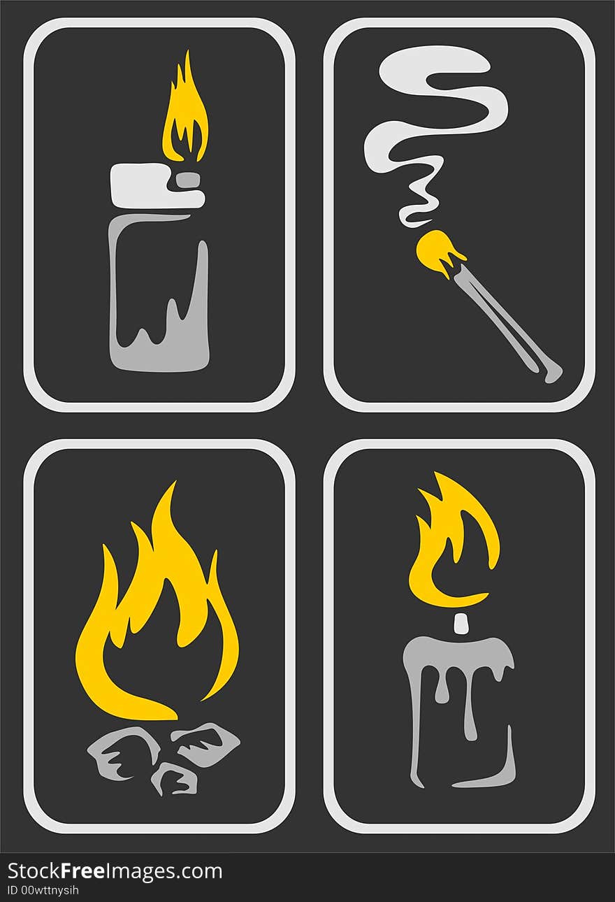 Four ornate fire symbols on a black background.