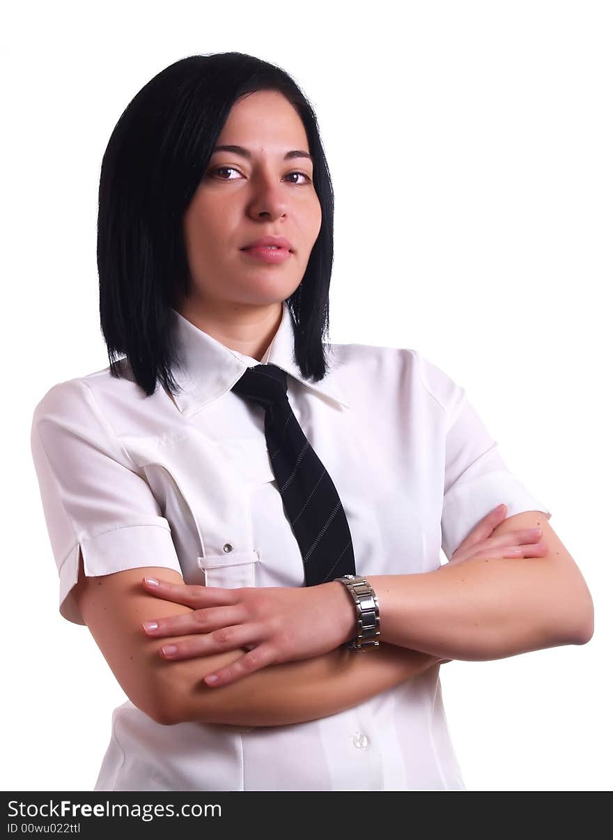 A portrait about a young elegant pretty businesswoman with black hair, she wears a white shirt and a black tie