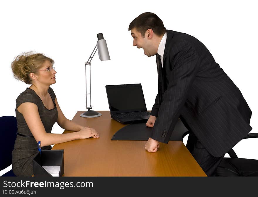 Business woman and businessman in office.